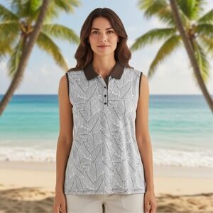 Coral Bay Golf Sleeveless Leaf Print Polo Shirt Women's XL Brown Collar